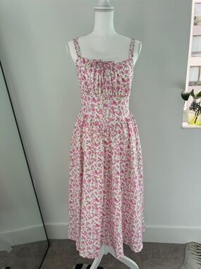 Smocked Pink Floral Midi Dress with Spaghetti Straps